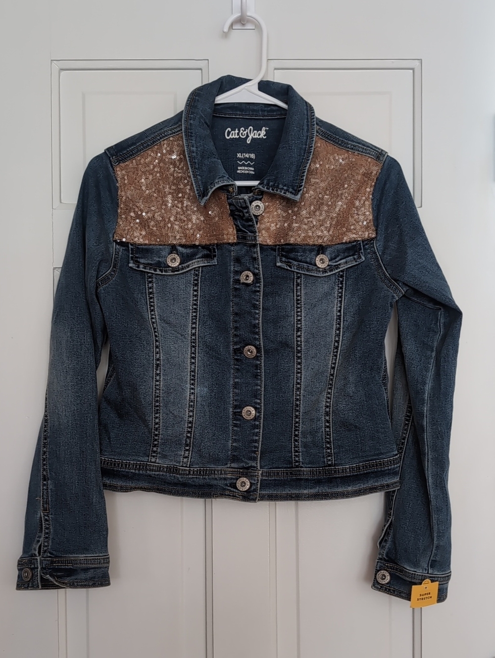 NWT Cat & Jack Dark Wash Denim Jacket with Gold Sequin Yoke